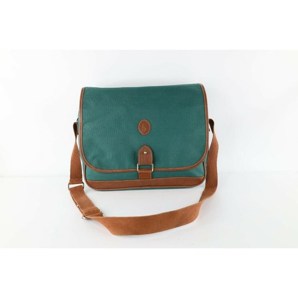 Vintage 90s Ralph Lauren Pony Logo Leather Trim Crossbody Messenger Bag Green